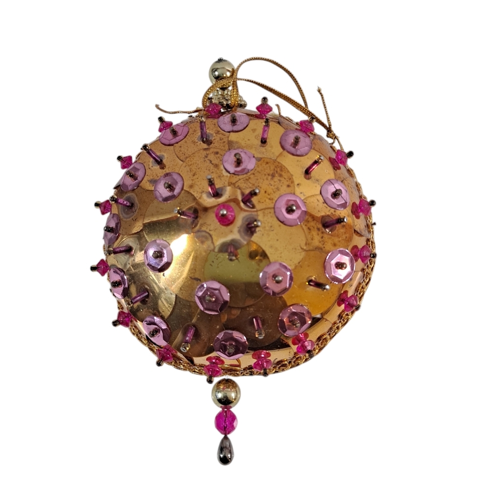 Vintage Beaded Push Pin Christmas Ornament Gold Pink Sequins Retro MCM